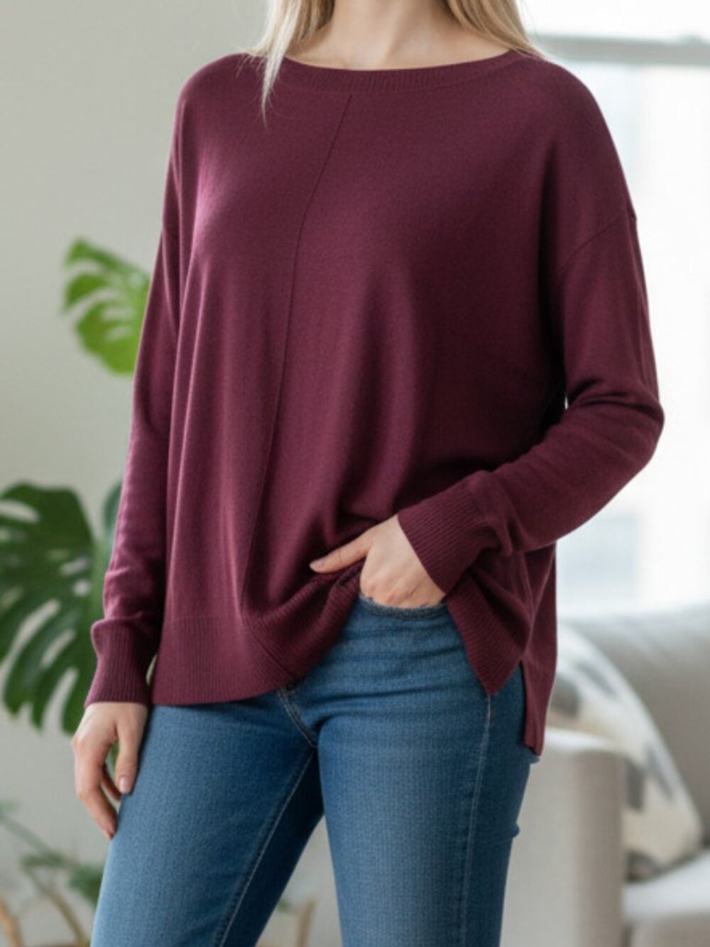 J. Jill Plum Bateau Neck Long Sleeve Top Sz Large Wearever Lagenlook Rayon/Lycra